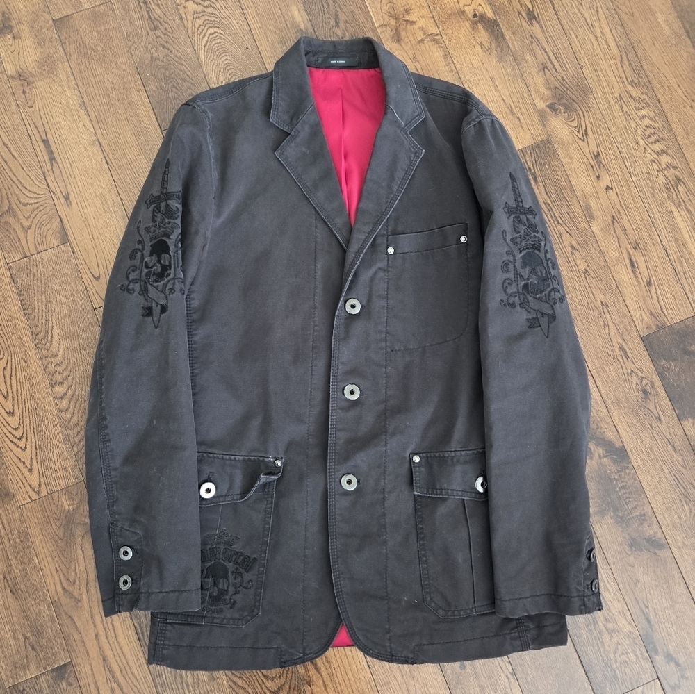Express Mens 2008 Immortal Charcoal Coat with Embroidered Skulls & Dagger Small